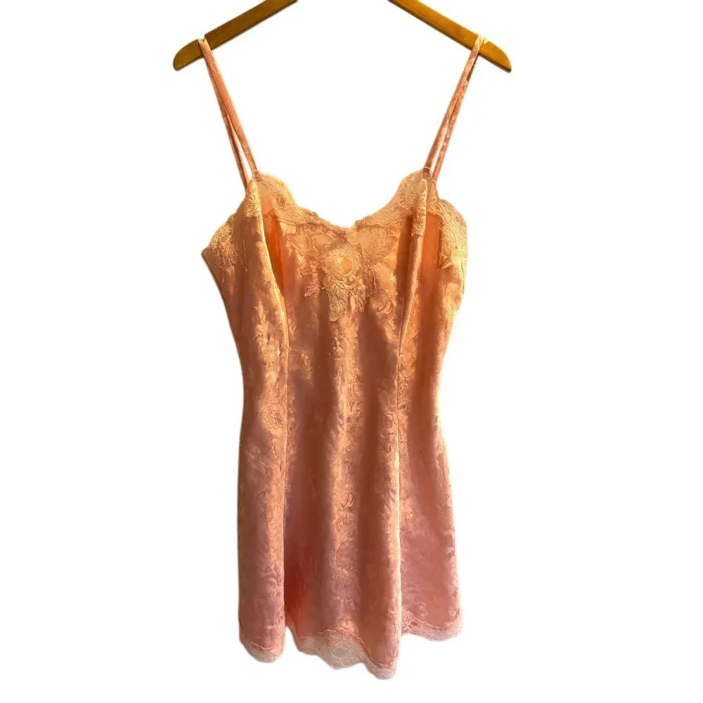 Vintage Victorias Secret Gold Label Medium‎ Slip Dress Satin Chemise Pink Lace